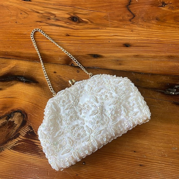 Handbags - White beaded clutch by Debbie division of John wind Imports made in Hong Kong